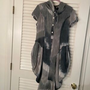 L!NK x OGI ANTUNAC Multicolor Gray Button Up Hooded Bubble Dress Pockets Unique